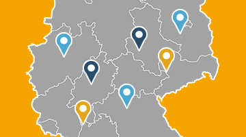Ausschnitt einer Deutschlandkarte mit Markern an unterschiedlichen Standorten.