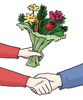 Händeschütteln und Blumenstrauß
