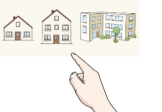 Finger zeigt auf mehrere Häuser