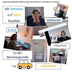 Foto-Collage, die verschiedene Beratungssituationen und Büro-Eindrücke zeigt.