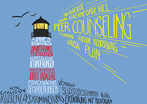 Plakat zum Thema "Peer Counseling", das einen Leuchtturm aus verschiedenen Begriffen zeigt.