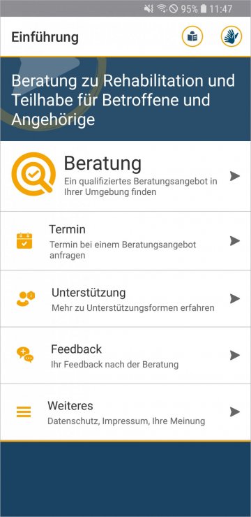 Ein Screenshot der App Teilhabeberatung mit dem Titel Einführung