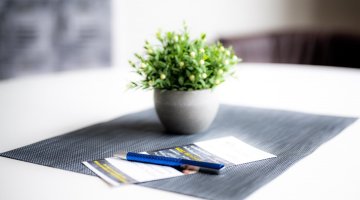 Ein Flyer, ein Kugelschreiber und eine kleine Topfpflanze auf einem Tisch.