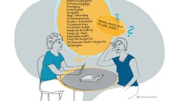 Illustration, die zwei Frauen im Beratungsgespräch zeigt.