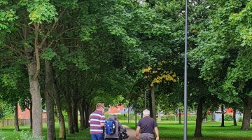 Zwei Fußgänger und eine Rollstuhlfahrerin sind von hinten zu sehen während sie in einem Park spazieren gehen. Rechts und links sind Laubbäume. 