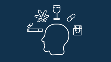 Kopf umgeben von Zigaretten, Cannabis, Weinglas, Tabletten, Einkaufstasche